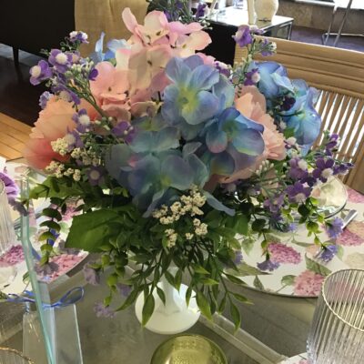 White Glass Planter w Faux Flowers