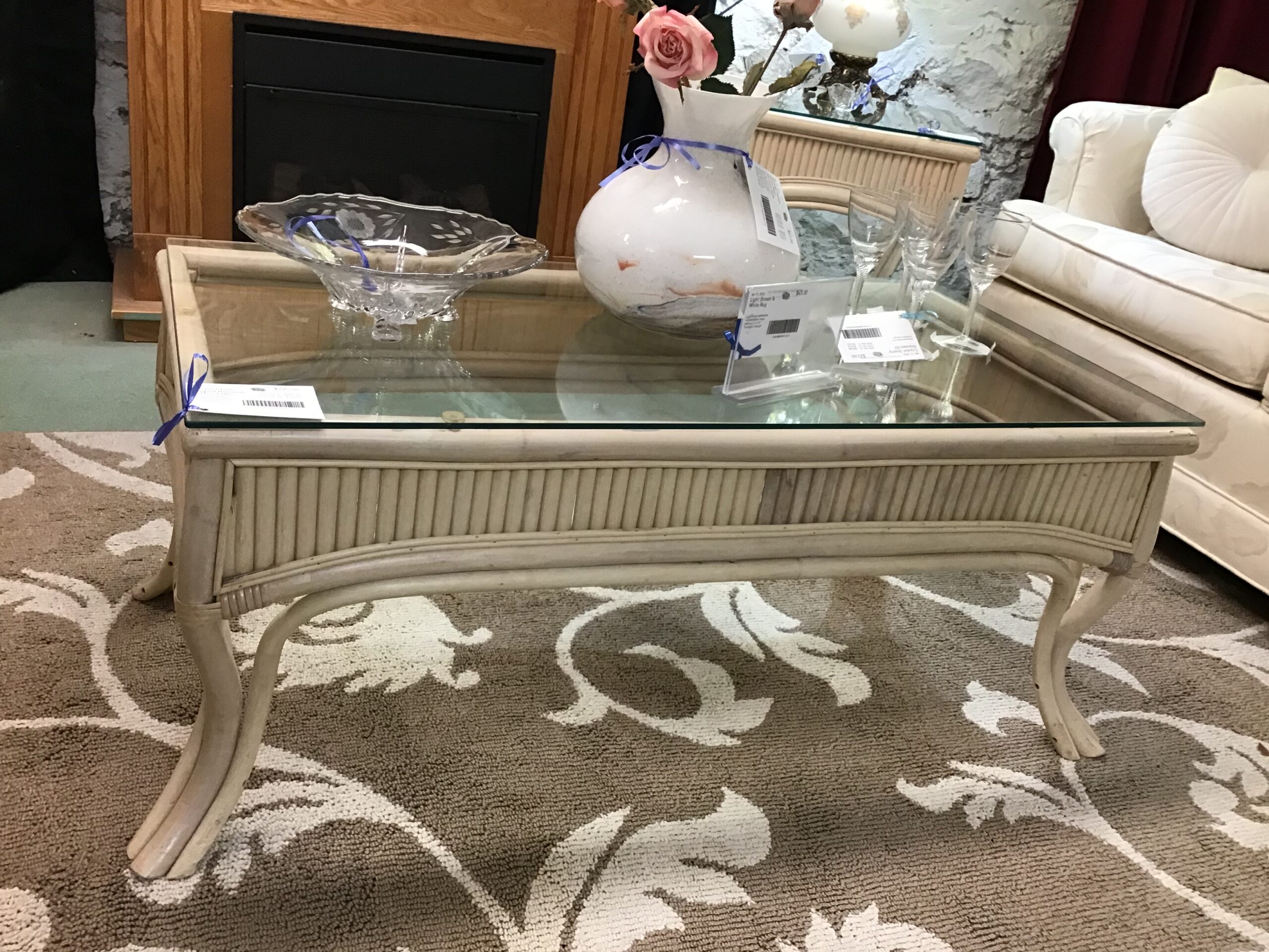 Cream Glass Topped Bamboo Coffee Table