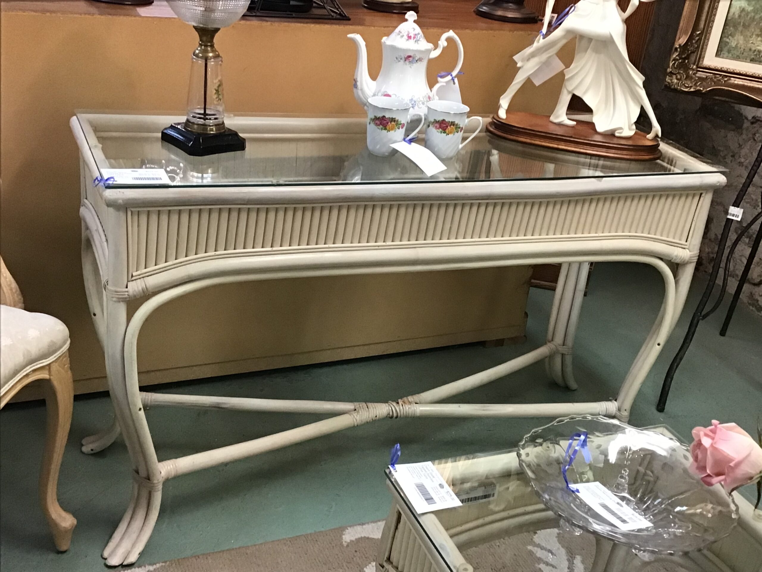 Cream Glass Topped Bamboo Hall Table