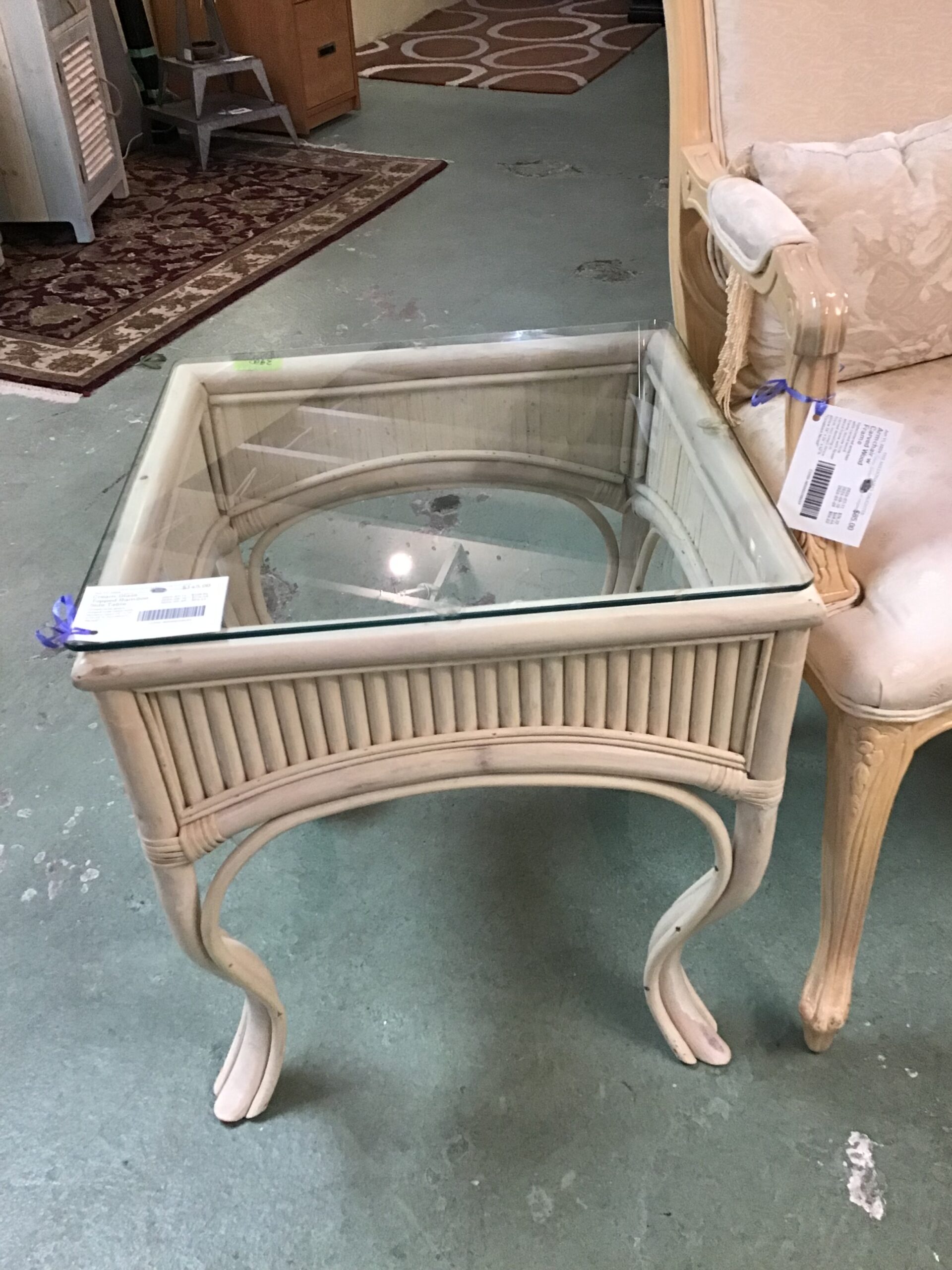 Cream Glass Topped Bamboo Side Table