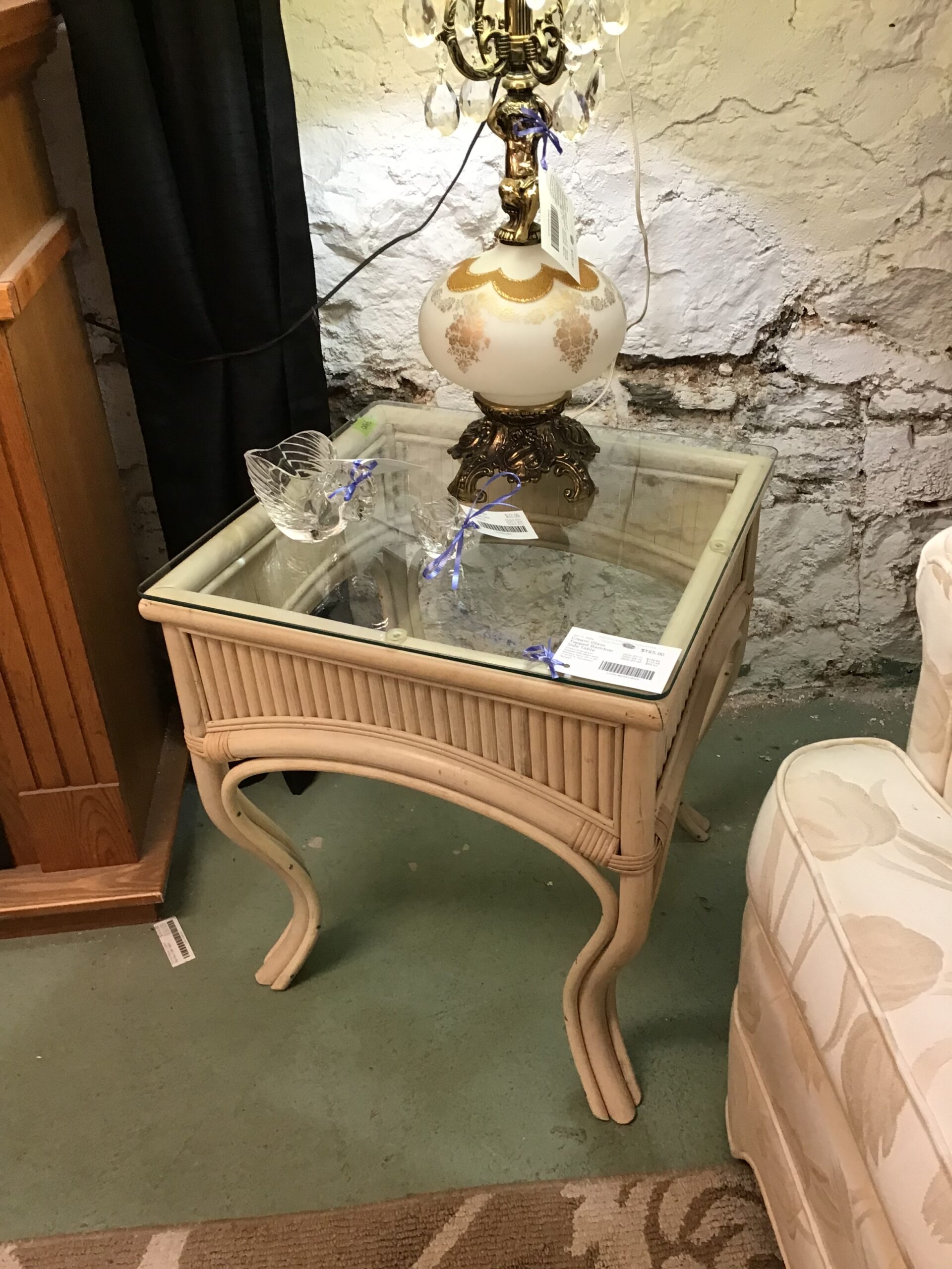 Cream Glass Topped Bamboo Side Table
