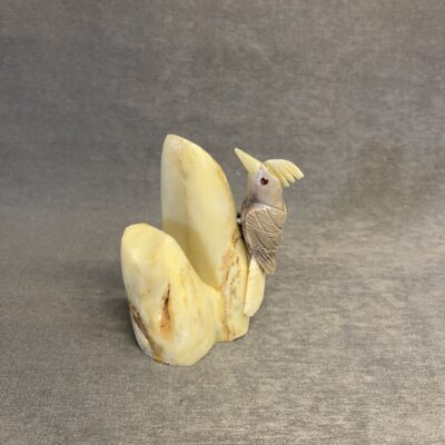 2PC Carved Stone Wood Pecker On Log