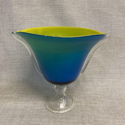 Art Glass Footed Bowl – Blue & Yellow