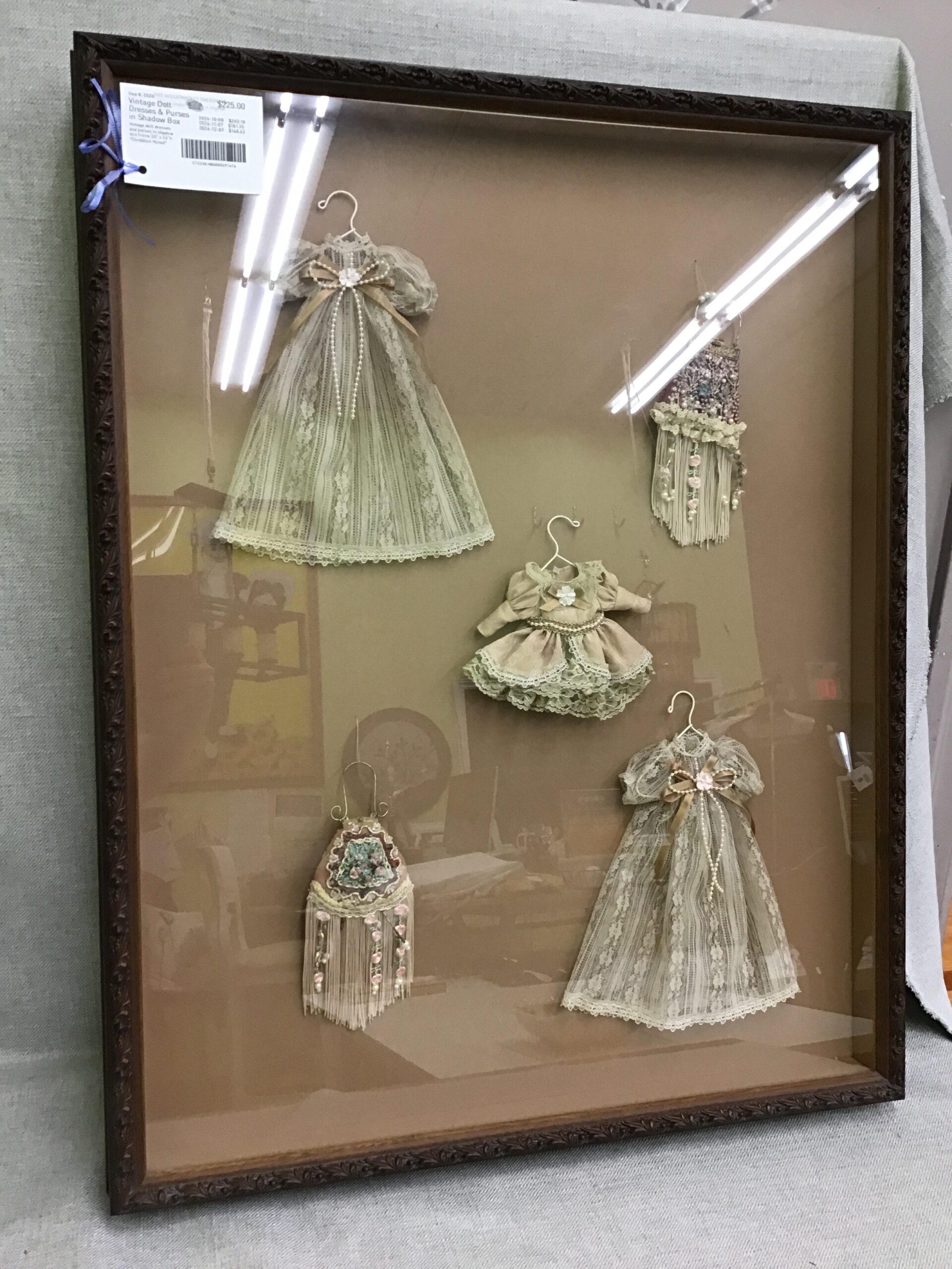 Vintage Doll Dresses & Purses in Shadow Box