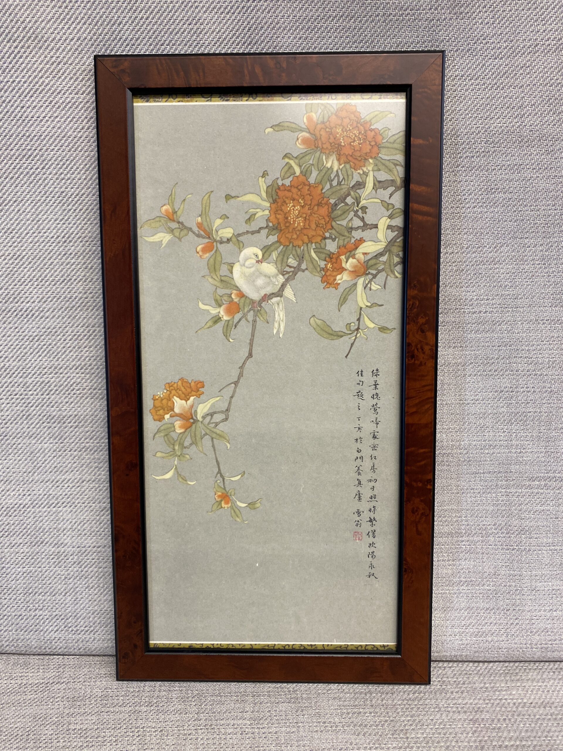 Asian Print -White Bird/Orange Florals