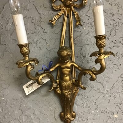 Pair Louis XVI Style Brass Cherub Sconces