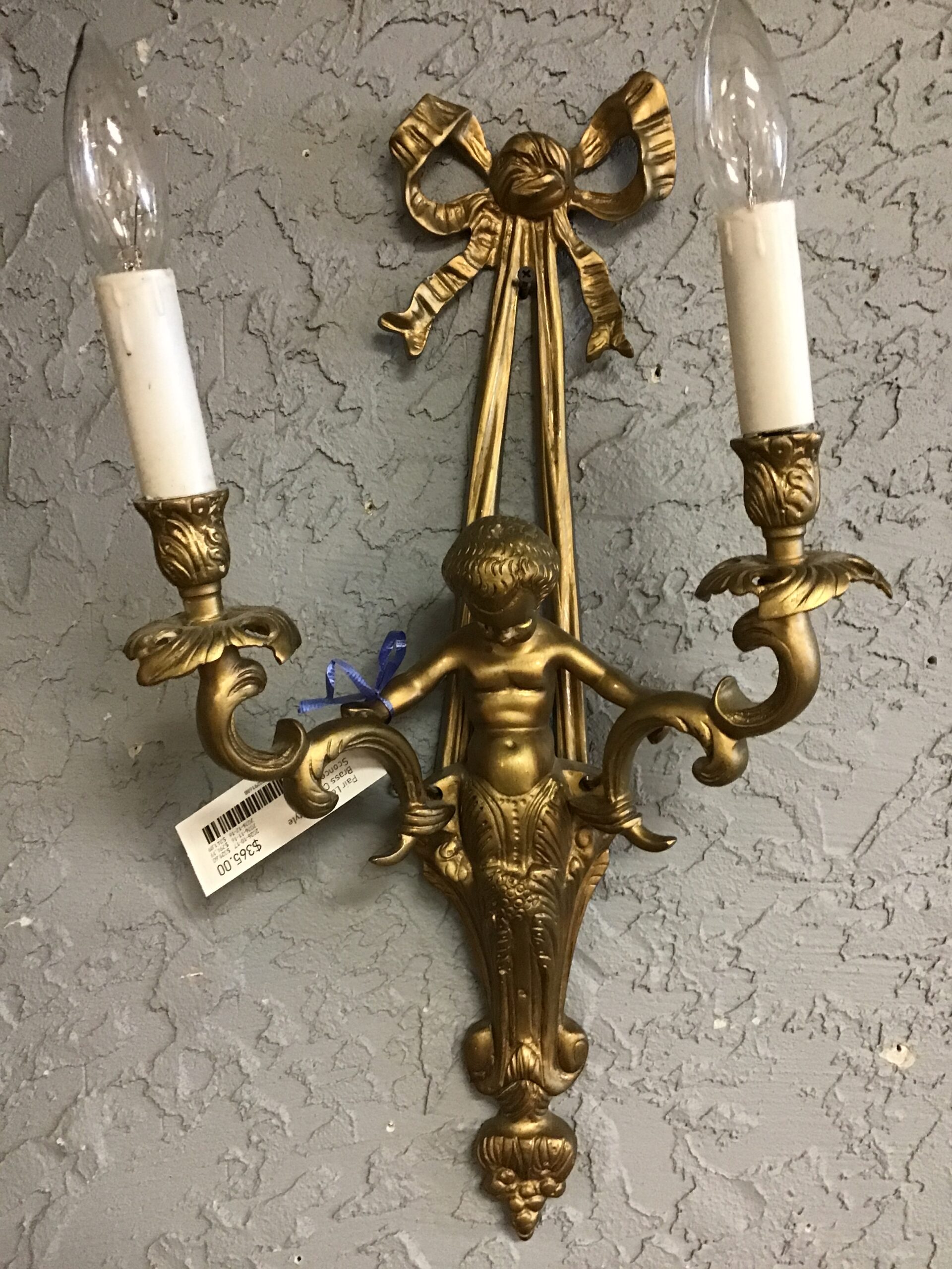 Pair Louis XVI Style Brass Cherub Sconces