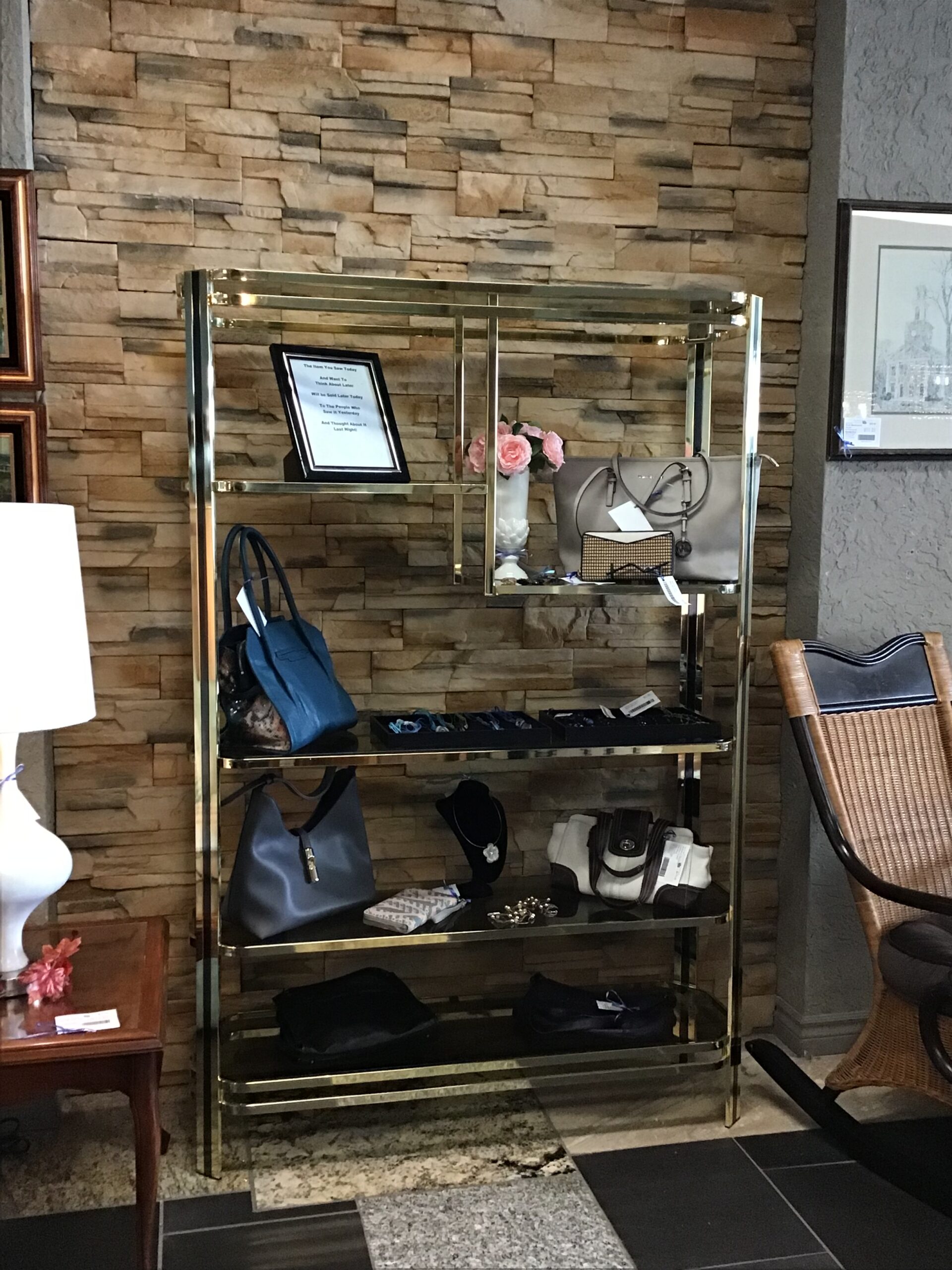 Vintage Brass & Smoked Glass Shelving Unit