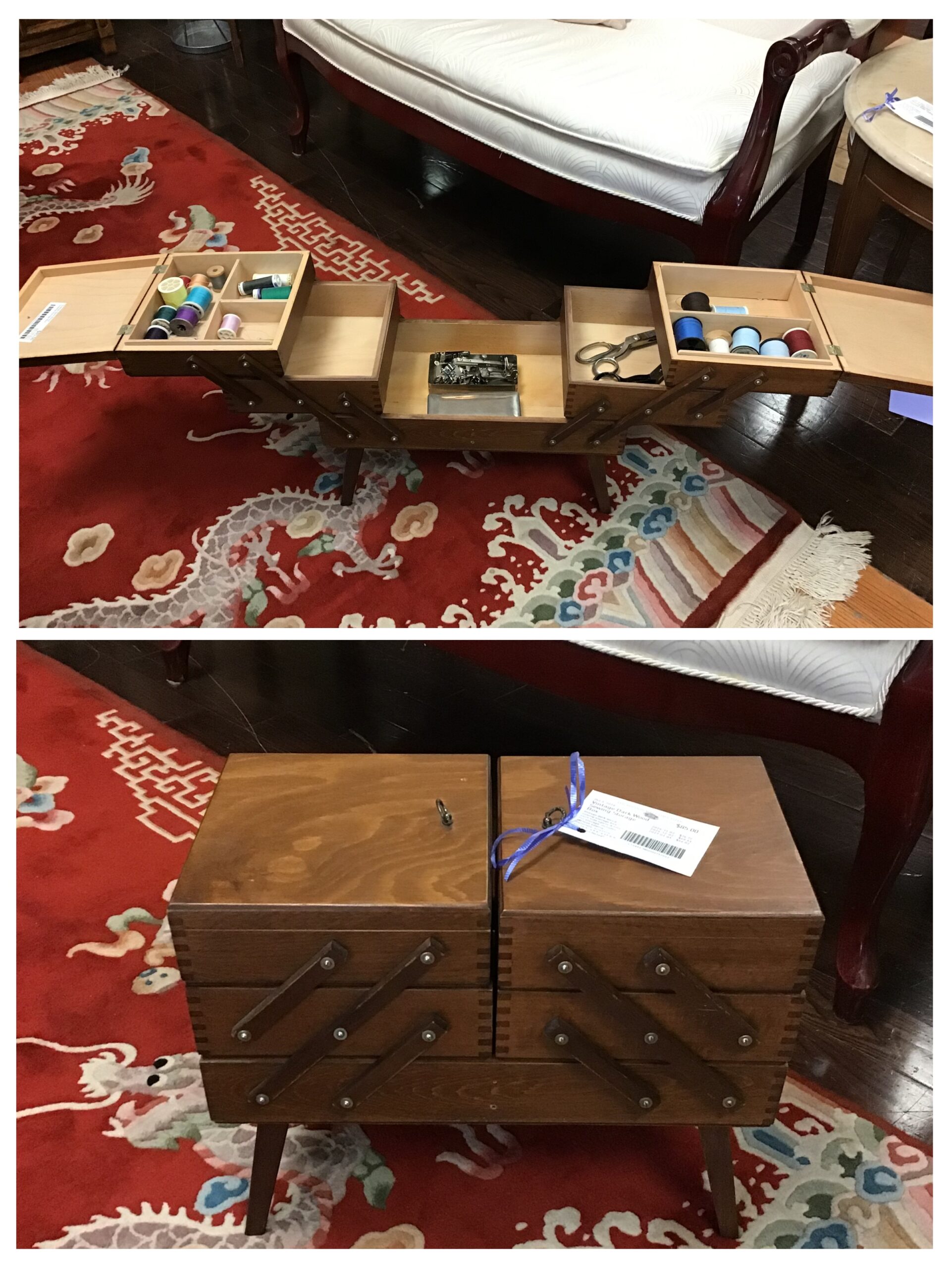 Vintage Dark Wood Sewing Storage Box