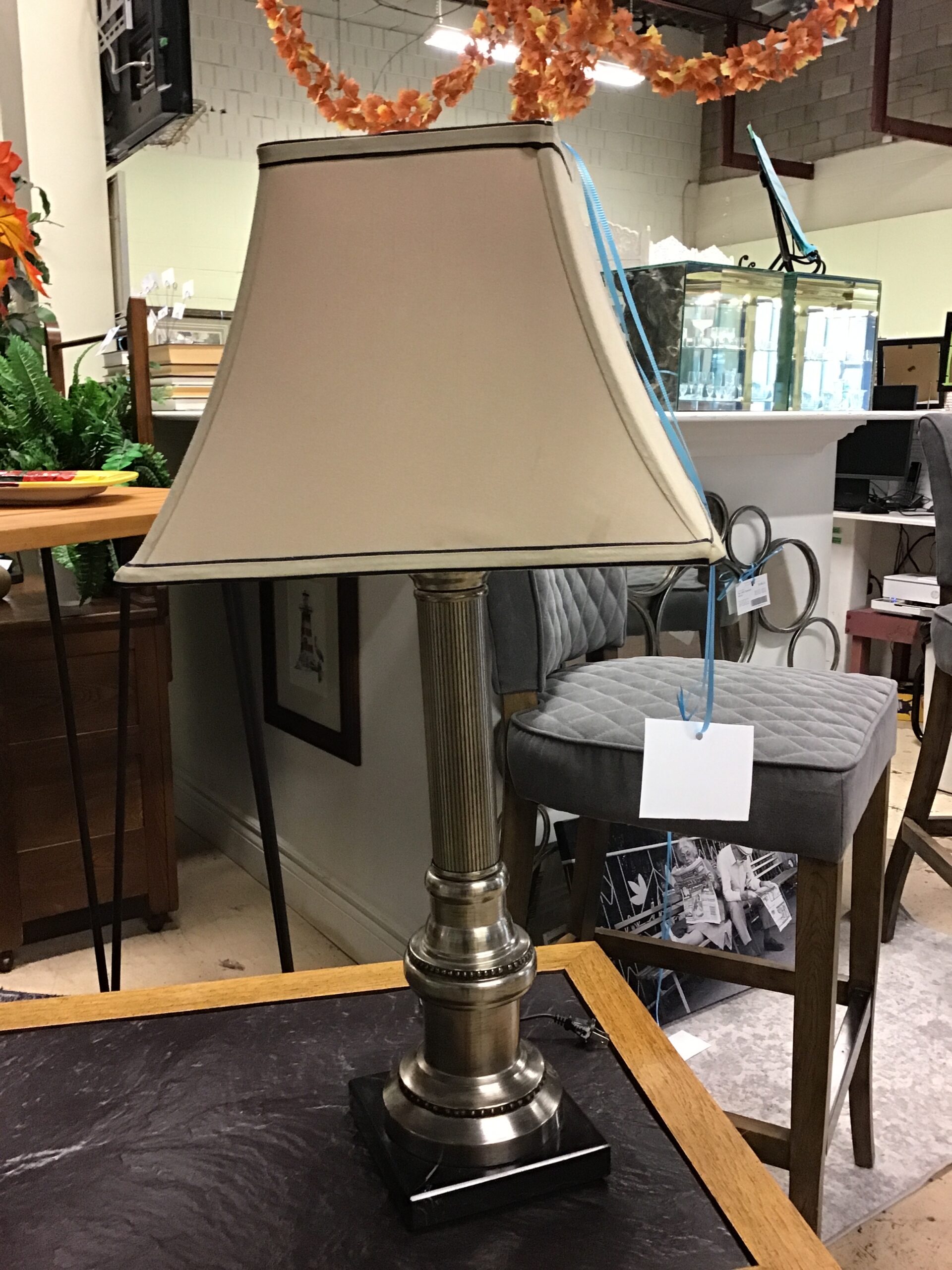 Table Lamp – Silver Tone Metal Column